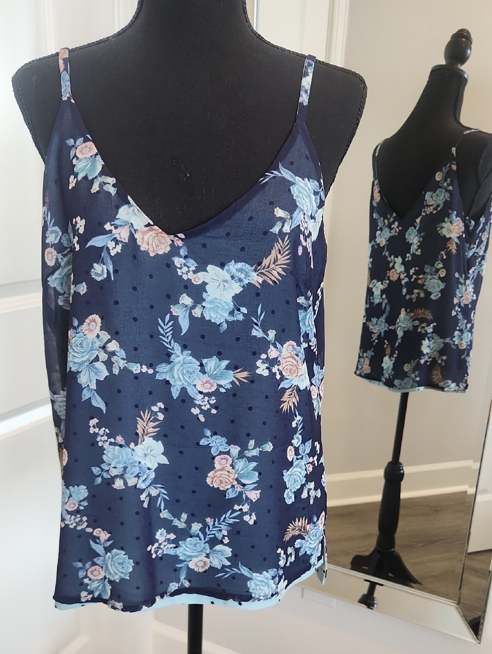 Reversible Blue Floral/Skyblue Polkadot Camisole